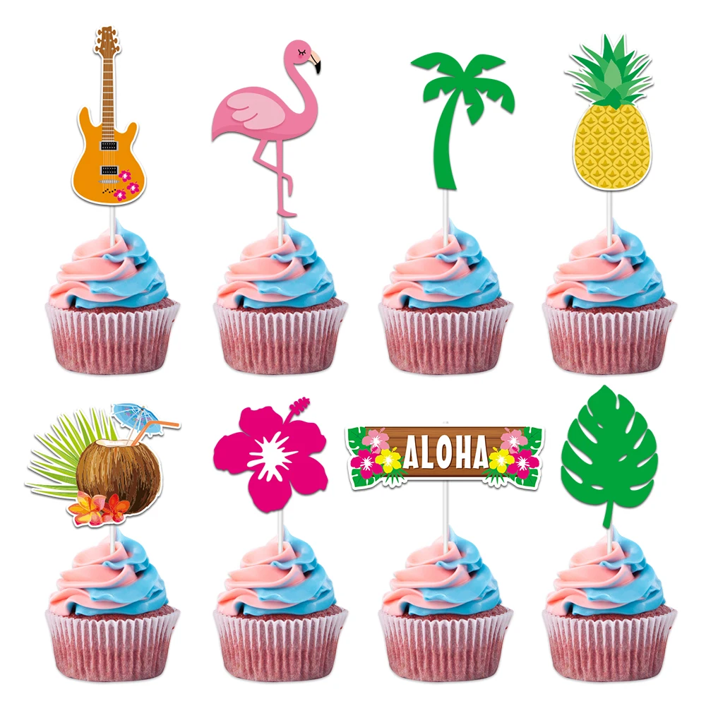 Flamingo Aloha Cake Topper Happy Birthday Hawaii Coconut Pineapple Tree Cupcake Toppers Baby Shower Kids Party DIY Baking Decor