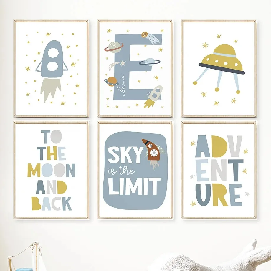 Rocket Earth Spaceship Space Alphabet Quotes Wall Art Posters Prints Nordic Canvas Painting Cartoon Pictures for Kids Room Decor