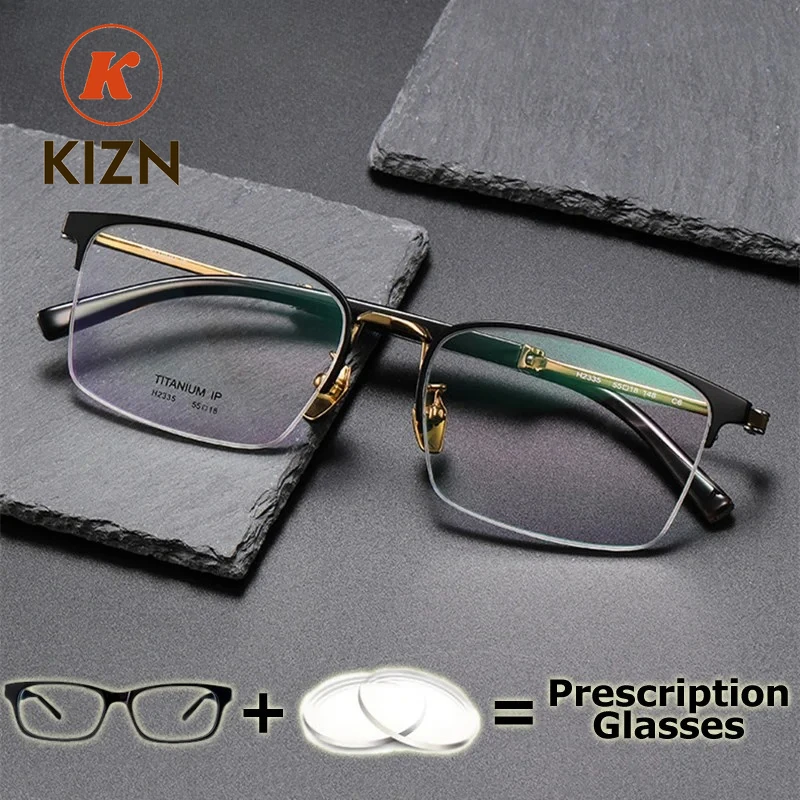 KIZN Men Prescription Glasses Pure Titanium OX Horn Frame Top Quality Eyewear Recipe for Vision Wide Field Progressive Glasses