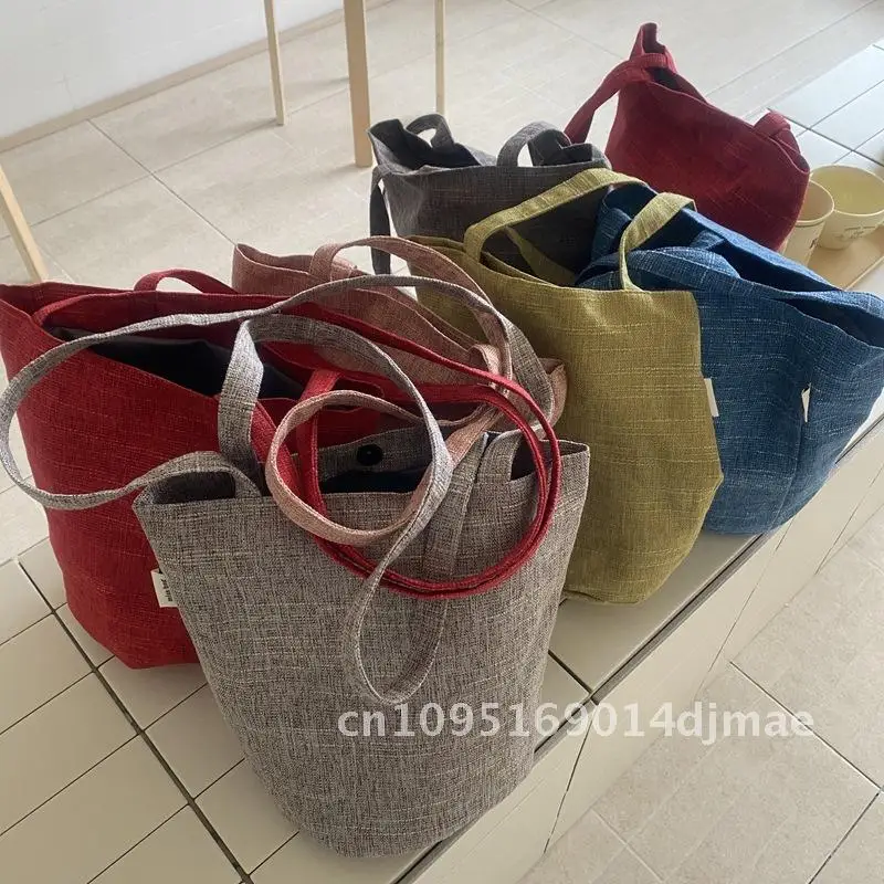

Korean Style Women's Shoulder Bag Urban Minimalist Cotton Linen Bucket Tote Handbag Simple All-match Commuter Canvas Bag