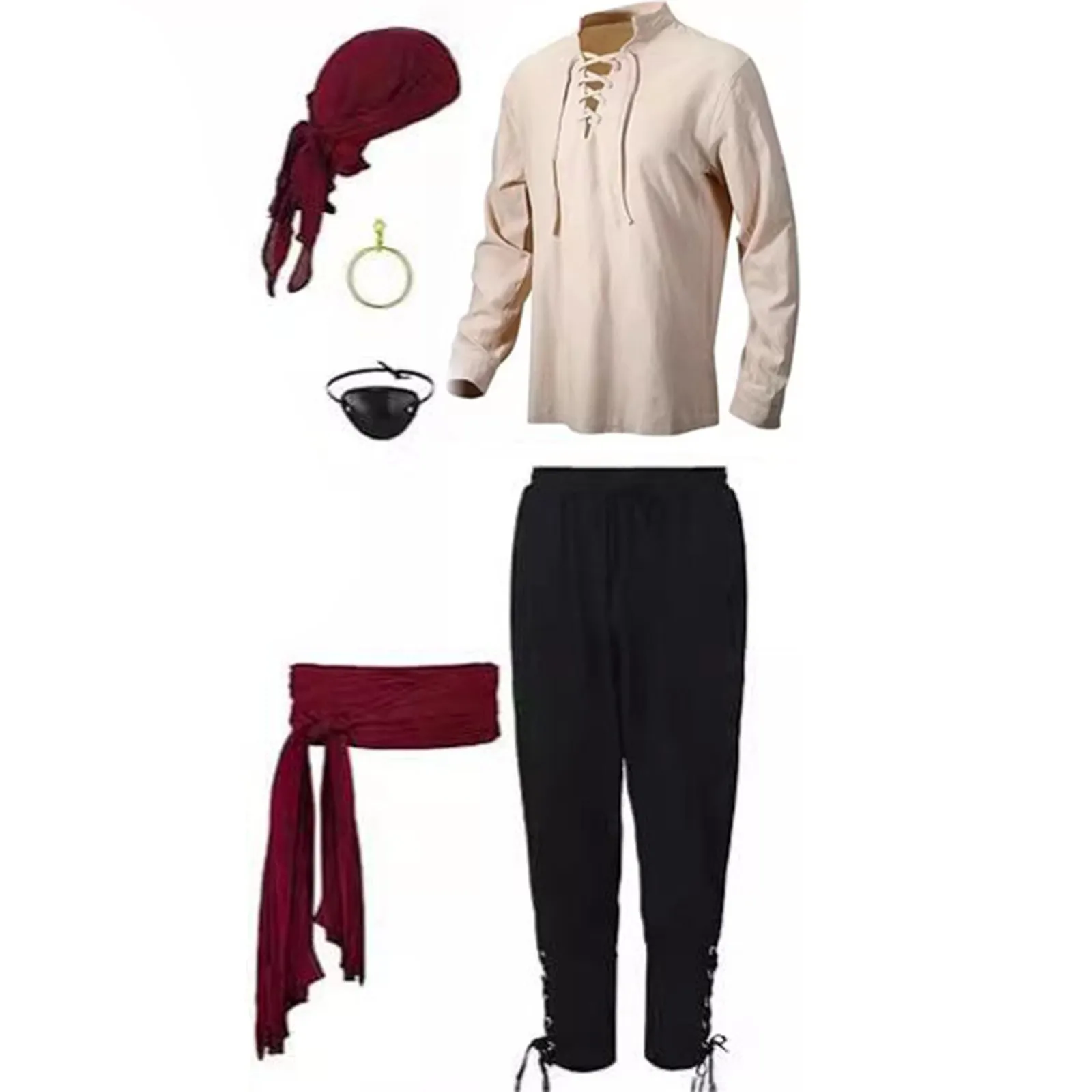 6 قطعة أزياء الهالوين للرجال عصر النهضة مجموعة القرون الوسطى القراصنة فارس قميص الكاحل النطاقات السراويل فايكنغ حزام الملحقات