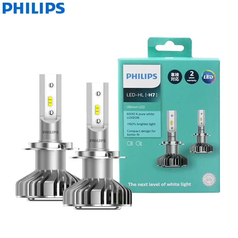 

Philips H7 LED Ultinon Car Headlight 6000K Pure White Light +160% Brightness AutoLED Lamps Compact Design 11972ULX2, Pair