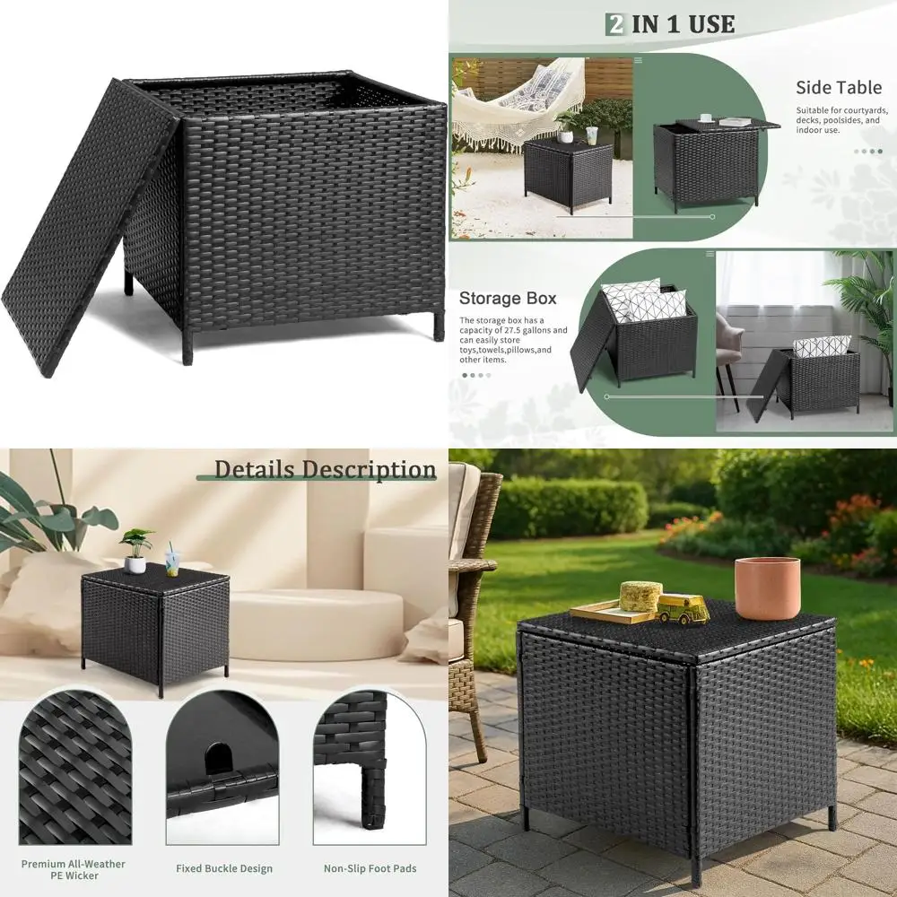 

Black Square Wicker Deck Storage Box with Lid, Outdoor Patio Side Table, 27 Gallon Capacity