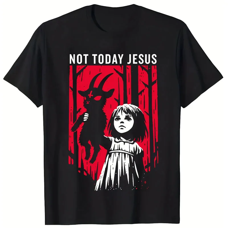 Herren Gothic Grafik-T-Shirt - "Not Today Jesus" Distressed Roter Aufdruck Lässiges Rundhals-T-Shirt für Outdoor und Familienausflüge – Detail 3