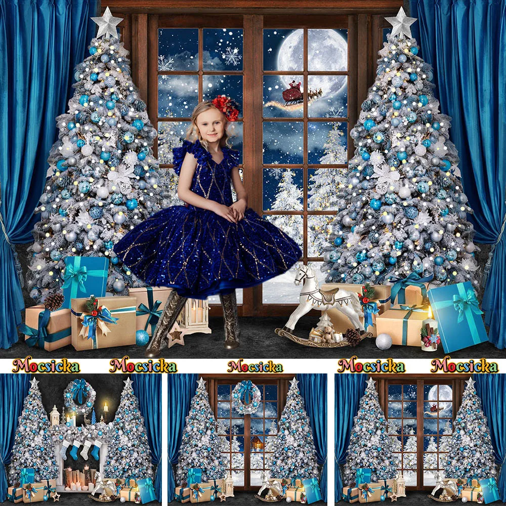 

Christmas Room Blue Background Poster Curtain Window Fireplace Xtmas Tree Decor Backdrop New Year's Eve Studio Photography Photo