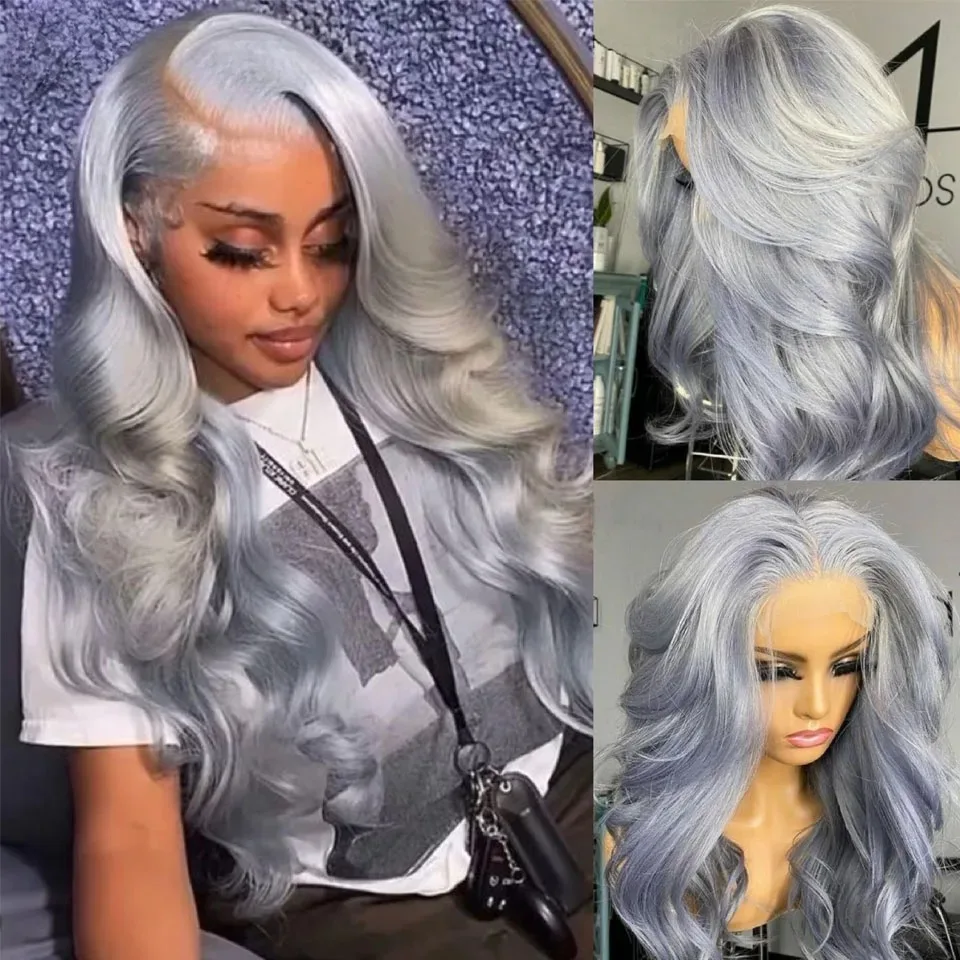 رمادي الباروكات طويل الجسم موجة الدانتيل شعر مستعار أمامي 13x4 HD قبل قطعها الاصطناعية مقاومة للحرارة شعري طبيعي الألياف الشعر اليومي تأثيري