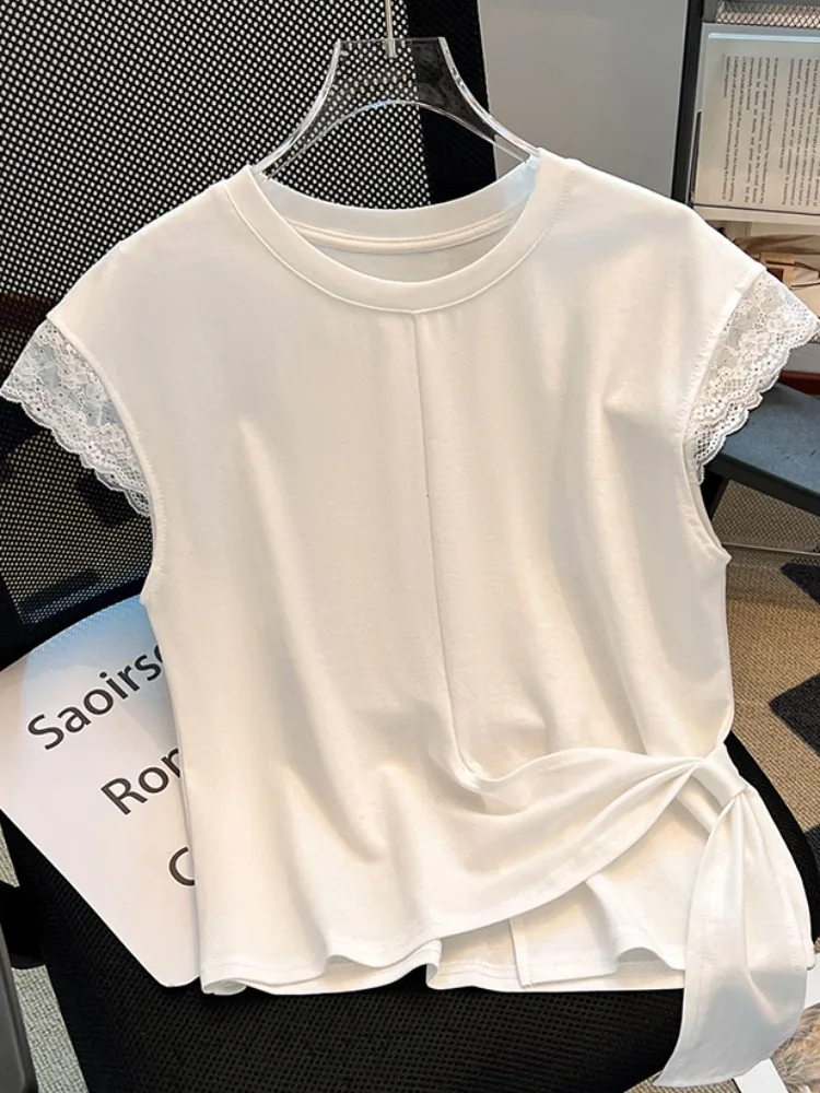 Lace Splice ort Sve T-shirt Dames Zomer Design Sense Gestreepte Bot ort Sle Koreaanse versie Slim Fit ronde Ne Top