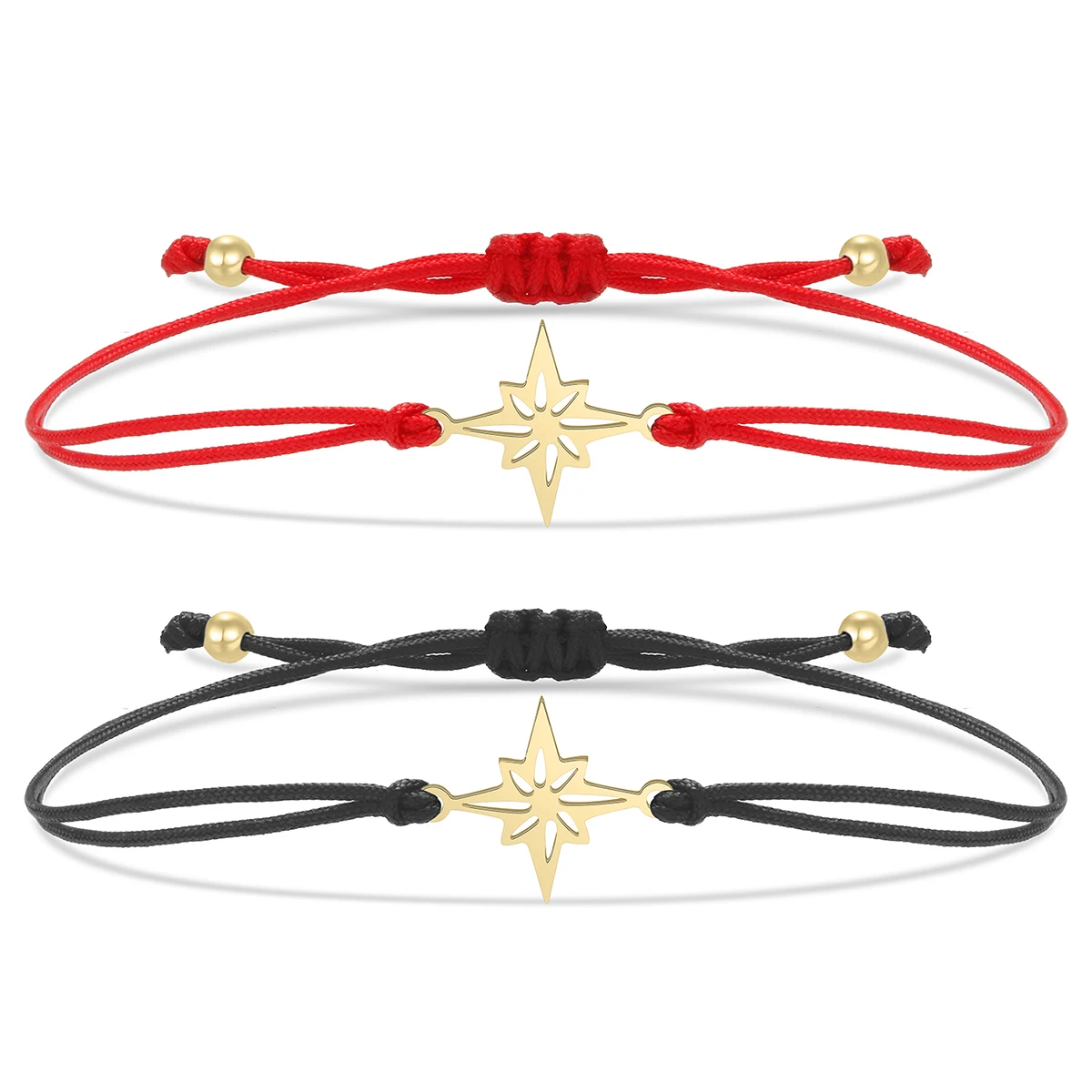 Gold-plated Stainless Steel Delicate Polished Pretty Eight Point Star Starburst Charm Bracelet Women Girl Red String Jewelry Her