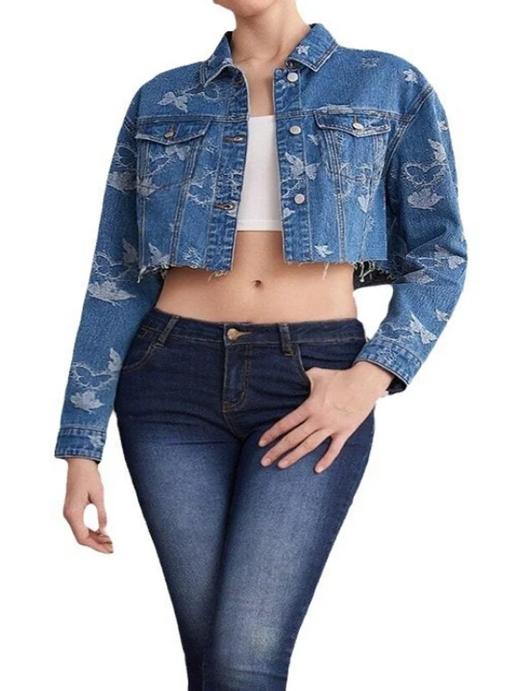 Bow Pattern Jacquard Denim Jacket For Women, Sweet Rough Edge Short Cowboy Jacket