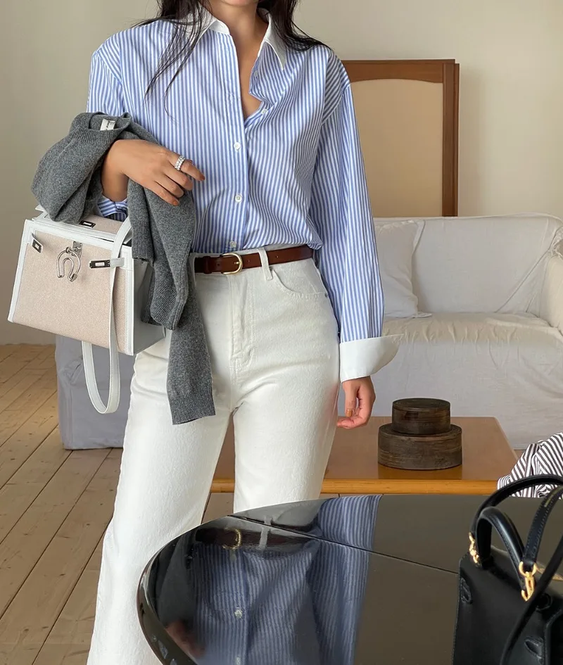 오피스 레이디 여성 블라우스 스트라이프 캐주얼 셔츠 패션 루즈 봄/여름 폴로넥 의류 긴팔 프렌치 여성 탑