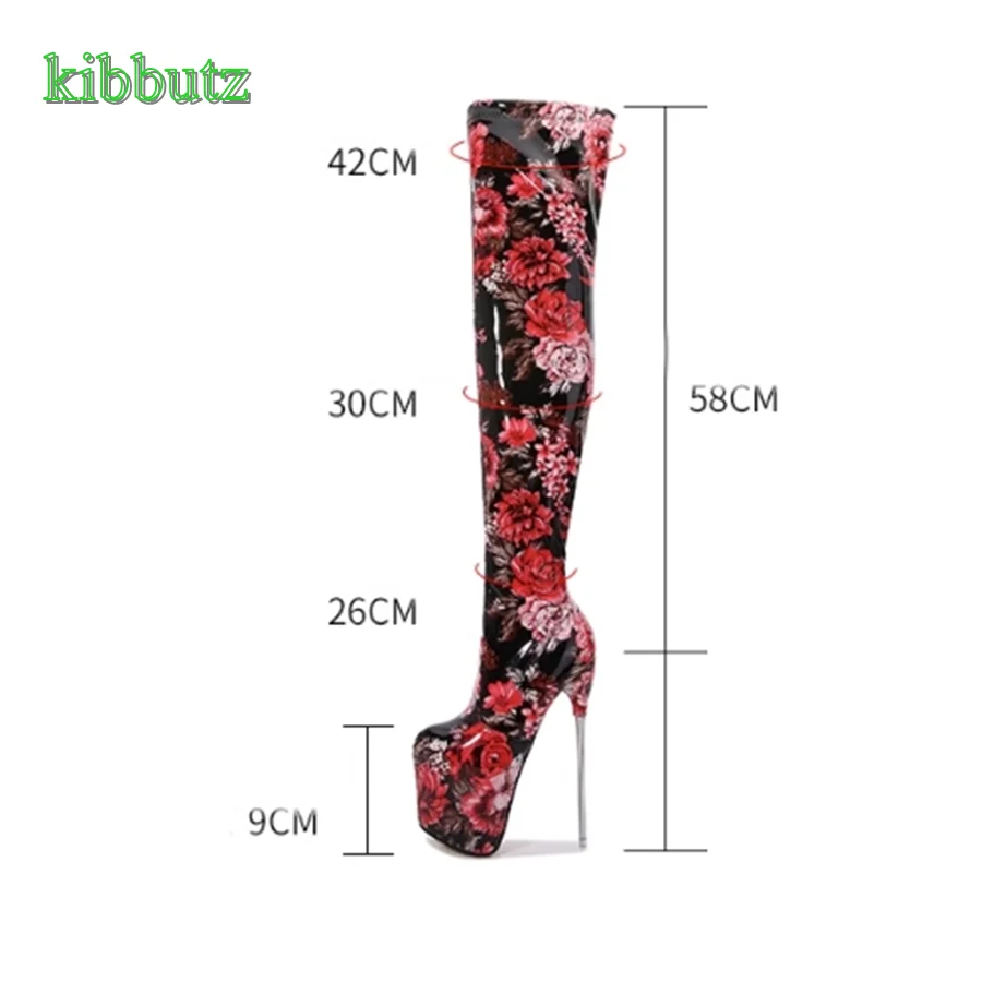 Floral Print Patent Leather Over The Knee Boots,High Water Platform Stiletto Women Shoes Autumn Long Boots Heels 2023 Plus Size