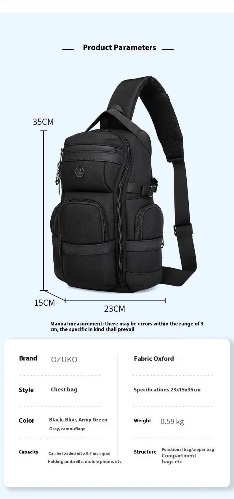 OZUKO Crossbody Bag Large Capacity Shoulder Bags for Male Waterproof Chest Bag Tactical Sling Messenger Bags Men Outdoor Sports