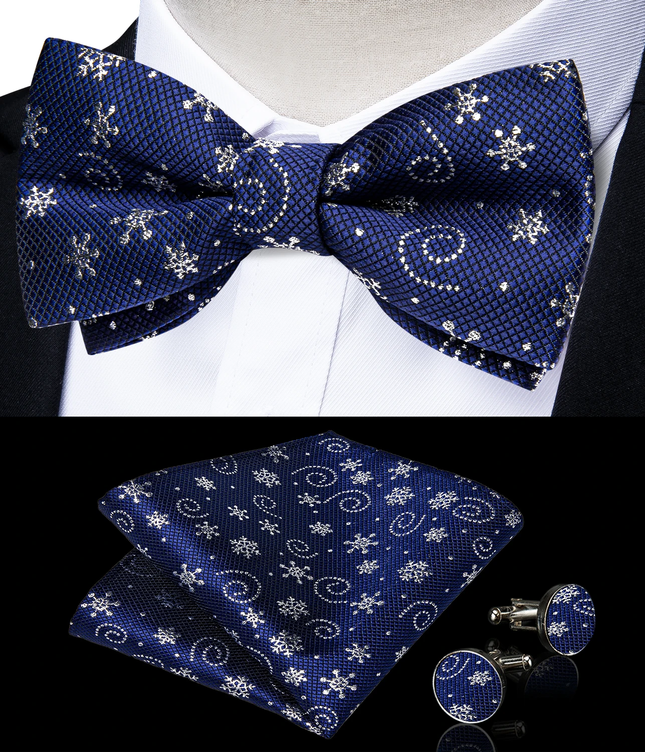 Christmas Bowtie Brooch for Man Party Accessories Classic Snowflake Christmas Tree Men Necktie Cufflinks Pocket Square Set Gifts