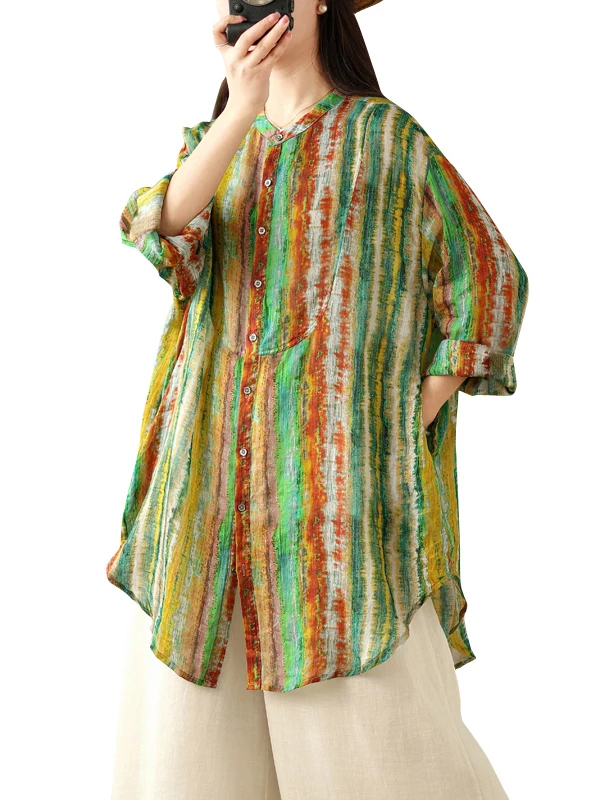 Arttistique arc-en-ciel rayé teint imprimé coton lin irt grande taille femmes simple bouton Long Sve col montant protection solaire...
