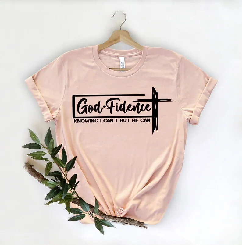 

Fidence Shirt, Knowing I Can't but He can Christian Streetwear Short Sleeve Top Tees O Neck 100% Cotton Streetwear Drop Shipping