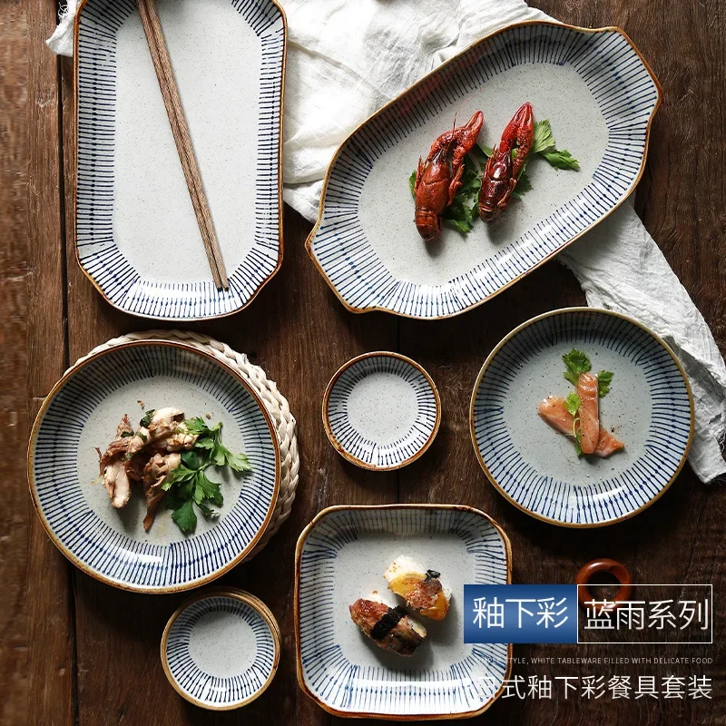 LingAo-Japanese Style Retro Hand-painted Ceramic Tableware, Hotel, Restaurant, Sushi Plate, Chopsticks, Spoon, Bowl Set