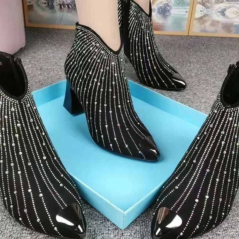 New Women Rhinestone Fashion Autumn/Winter Shoes Shine Short Botas Side Zip Pointed Toe Ankle Boots