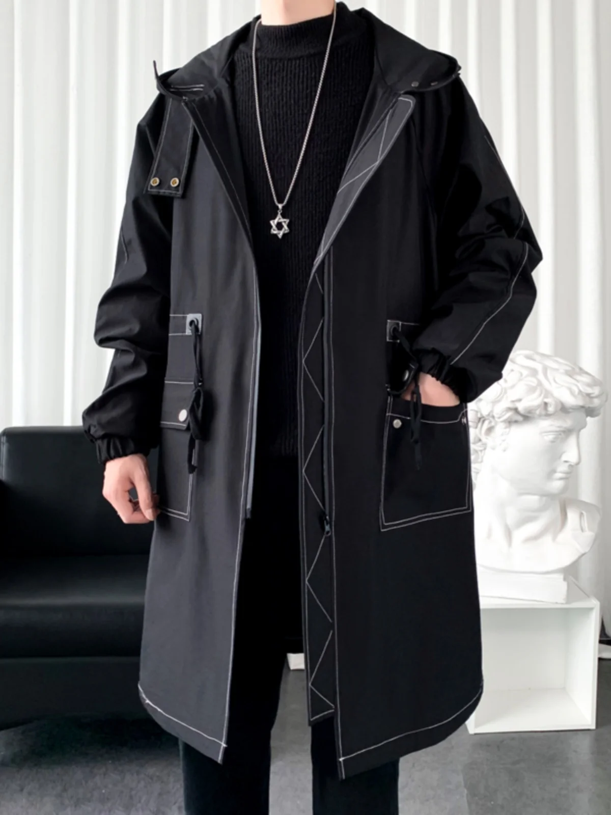 

Bla Mid-Length Men's Windbreaker Casual Loose Fit Splicing Design Autumn Outerwear Waterproof Spring Youth Faion