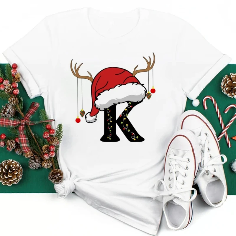 Custom Name Letter Combination Women T-shirt Cute Christmas Hat Font A B C D E F G Short Sleeve Tops Merry Christmas T-shirts