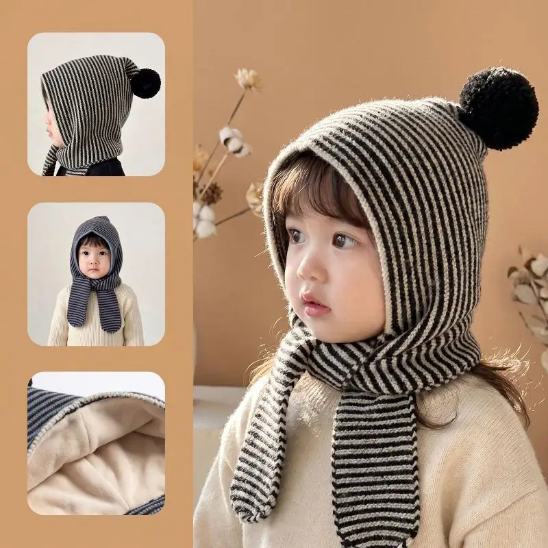 Toddler Winter Knit Hat Scarf Set Striped Soft Fleece Lined Unisex for Baby Boys Girls Cold Weather Outdoor Activities