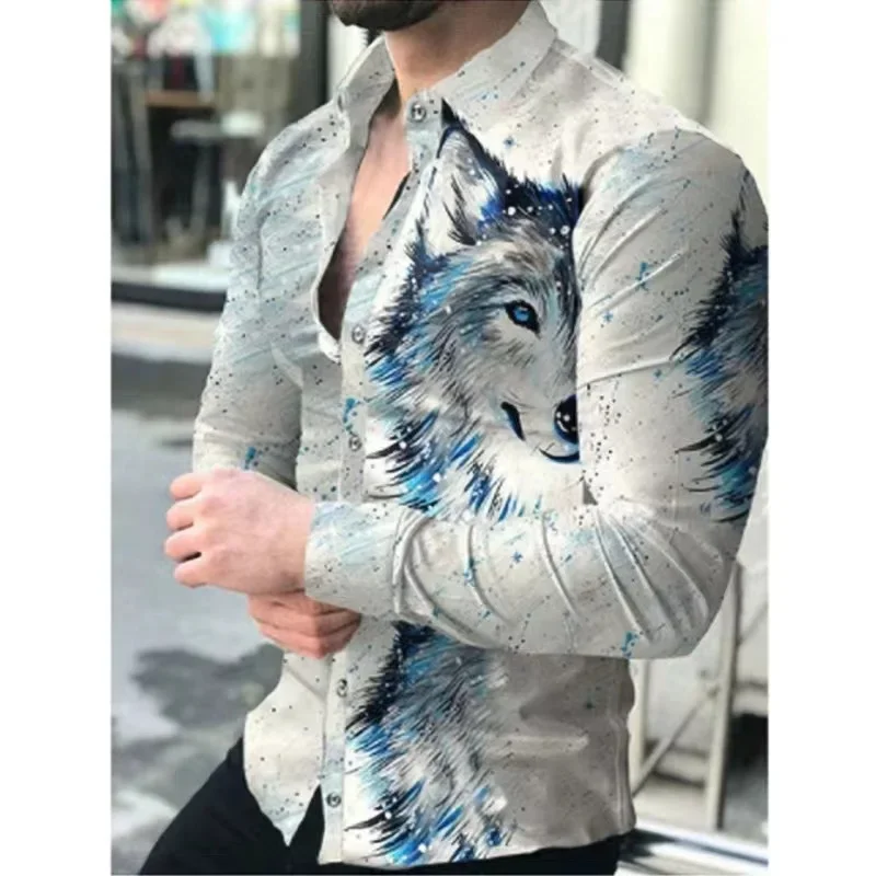 Fashionable men's top shirt button lapel lion tiger eagle animal HD pattern soft and comfortable material 2024 new style