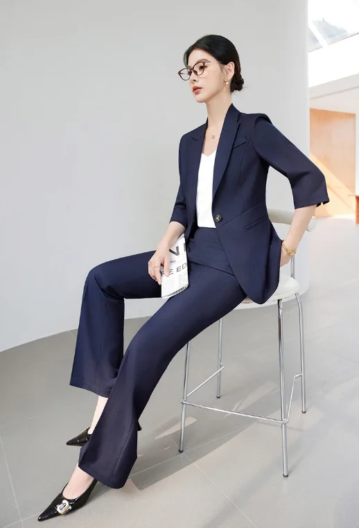 Three‑quarter sleeve gray blazer‑collar coat, cross‑border professional casual two‑piece set for spring, summer and autumn