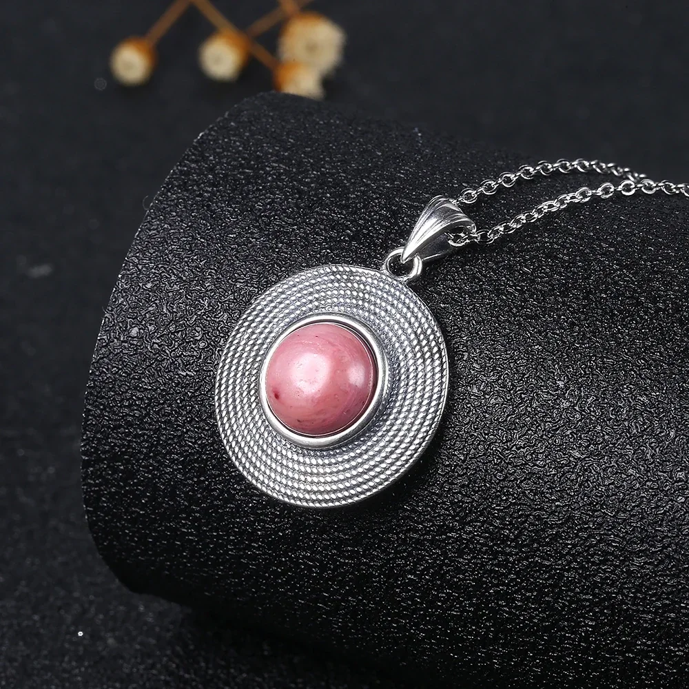 10MM Stone Round Pendant Necklace 925 Sterling Silver High Quality Natural Tiger Eye Rhodochrosite Wedding Gift Luxury Jewelry