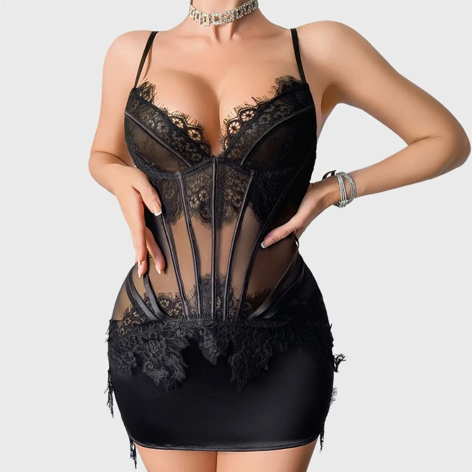 Ellolace Willowy Lingeries Set Tempted Eyelash Lace Spliced DeepV Mini Dress Thong 2PC See Through Corset Slim Women's Sleepwear