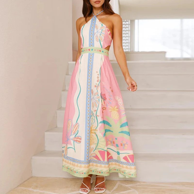 Abito da festa cavo con lacci senza schienale primavera estate Abito lungo da donna sexy con spalle scoperte Nuovo abito Boho da spiaggia per vacanze casual