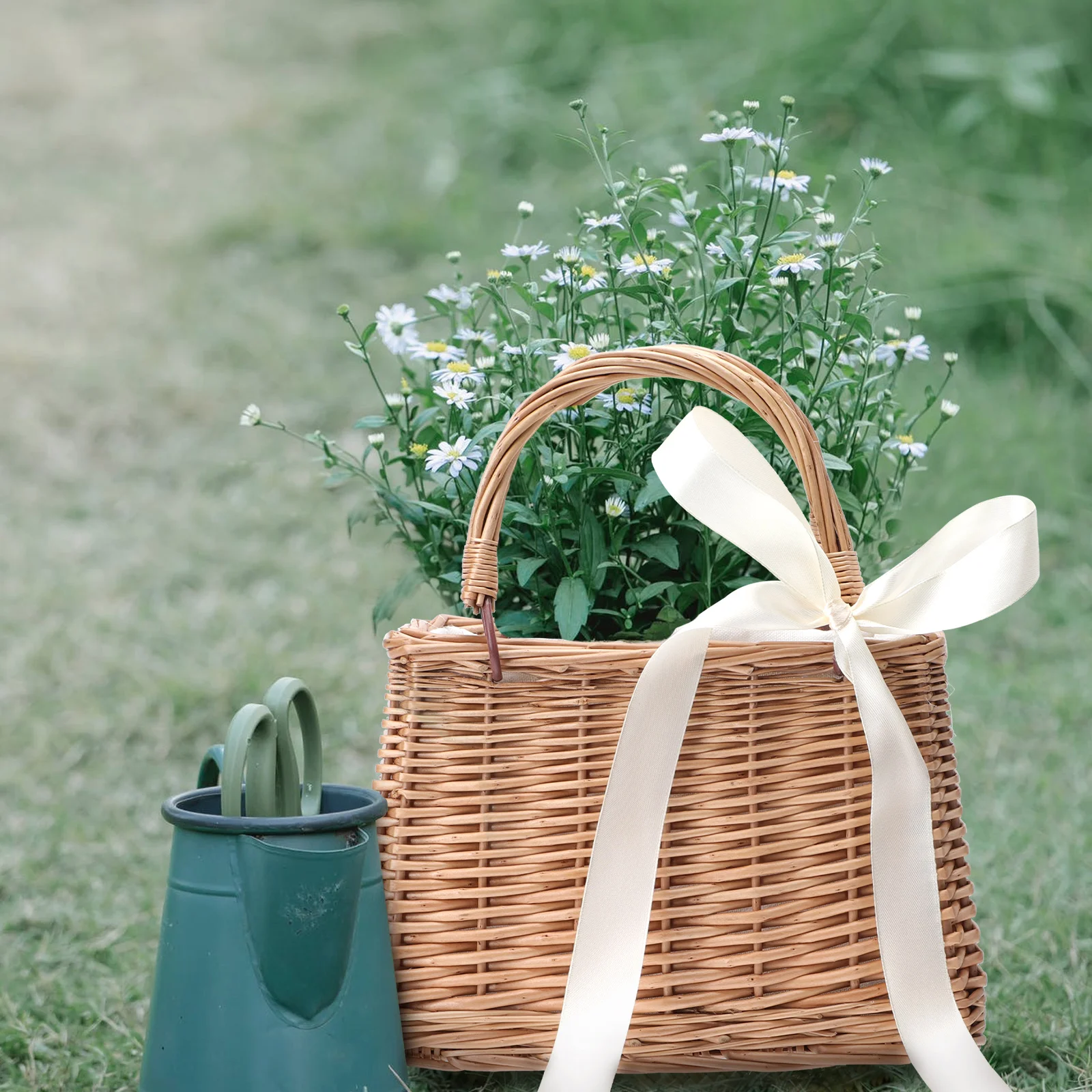 Cestino di fiori in Rattan Tote Bag portaoggetti decorativo Messenger naturale delicato cotone intrecciato piccola mano quadrata da donna