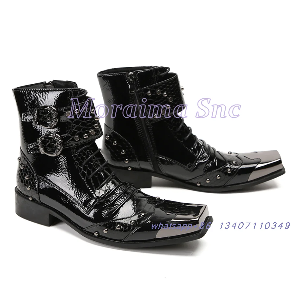 Metal Square Toe Belt Buckle Men Boots Snake Pattern Patent Leather Lace Up Side Zipper Block Chunky Heel Men's Short Boots 2025