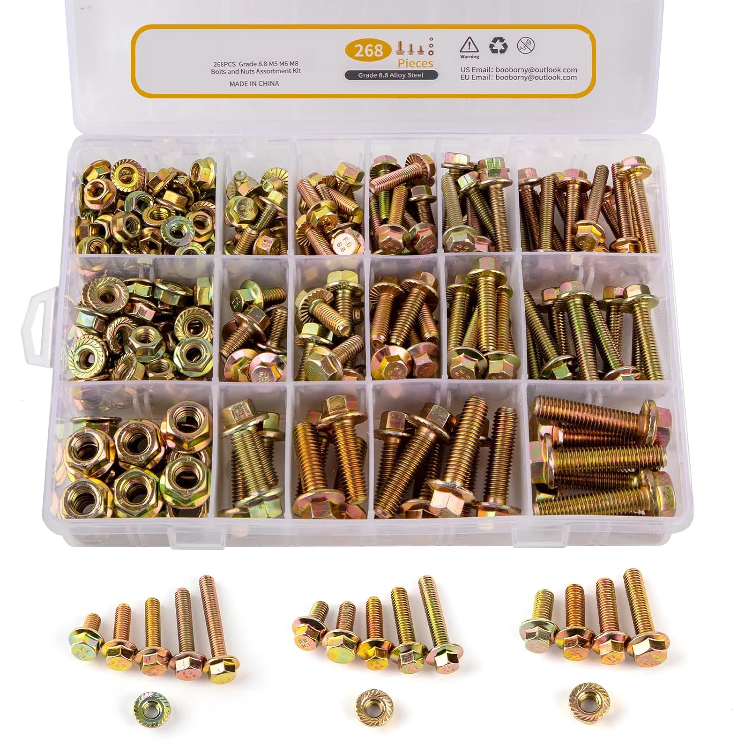 

268 sets of metric flange bolts, M5, M6, M8 (from 12mm to 30mm), various hexagon bolt and nut kits for automobiles, yellow zinc