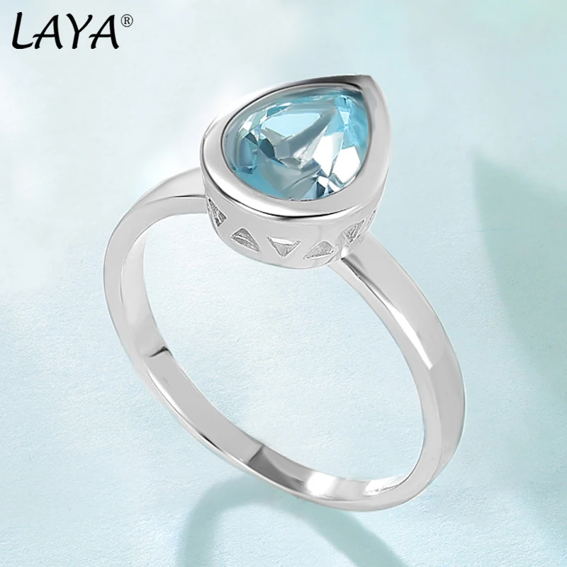 LAYA 925 Cincin Pengaturan Bezel Sederhana Kristal Warna-warni Bentuk Pir Sintetis Perak Murni untuk Wanita Perhiasan Modern Asli