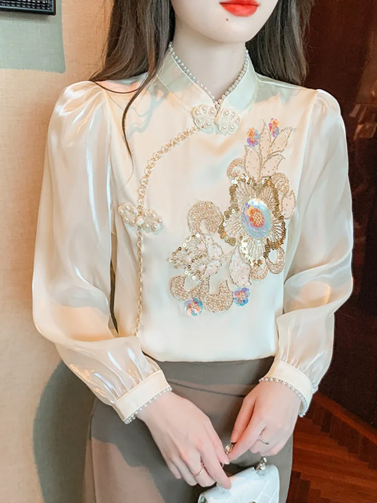 #2553 Spring Retro Chiffon Blouse Women Stand Collar Irregular Blouse Femme Long Sleeve Split Joint Sequined Flower France Style