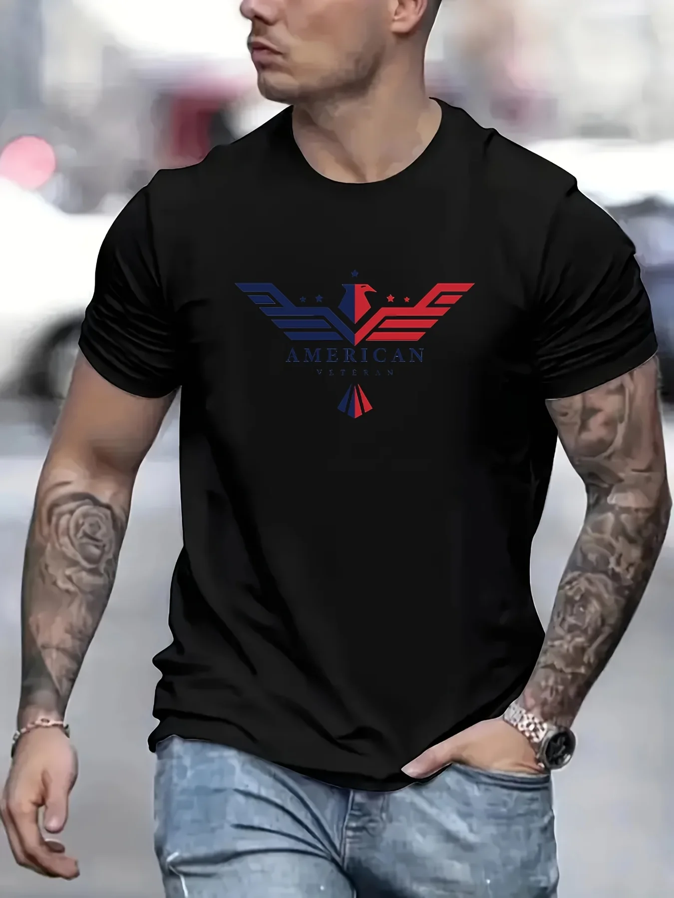 Men's Summer Loose Size Bald Eagle Usa Printed Slim Fit Casual Round Neck Short Sleeve T-shirt Top