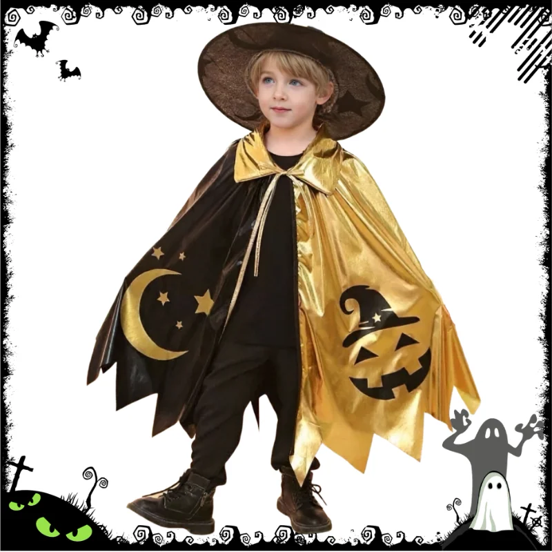 

Halloween Witch Cosplay Costume for Kids Gold Black Color Block Cape with Hat Pumpkin Moon Print Cloak Outfit Party Dress Up