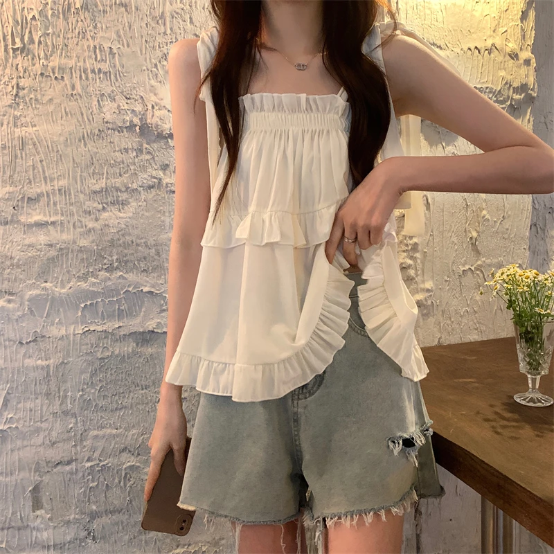 Y2k Tank Top Women Clothing Ruffles Sweet Chic Simple Korean Style Girlish Holiday Sleeveless Tender Streetwear Daily Students