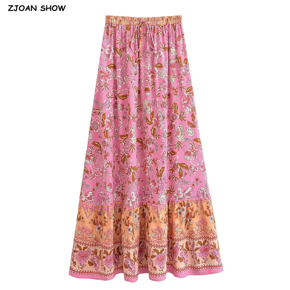 

2025 BOHO Pink Contrast Floral Print Maxi Long Skirt Spliced Ruffle Hem Hippie Women Ball Tassel Bow Waist Swing Skirts Holiday