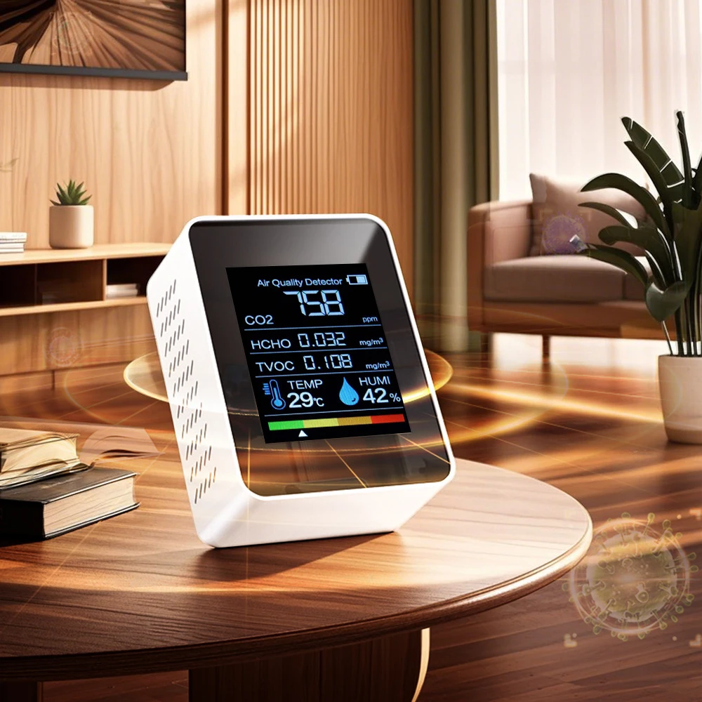 

Детектор качества воздуха 5 в 1, тестер CO2/HCHO/TVOC для помещений, сигнализация, ЖК-дисплей, измеритель температуры и влажности, интеллектуальная автоматическая калибровка