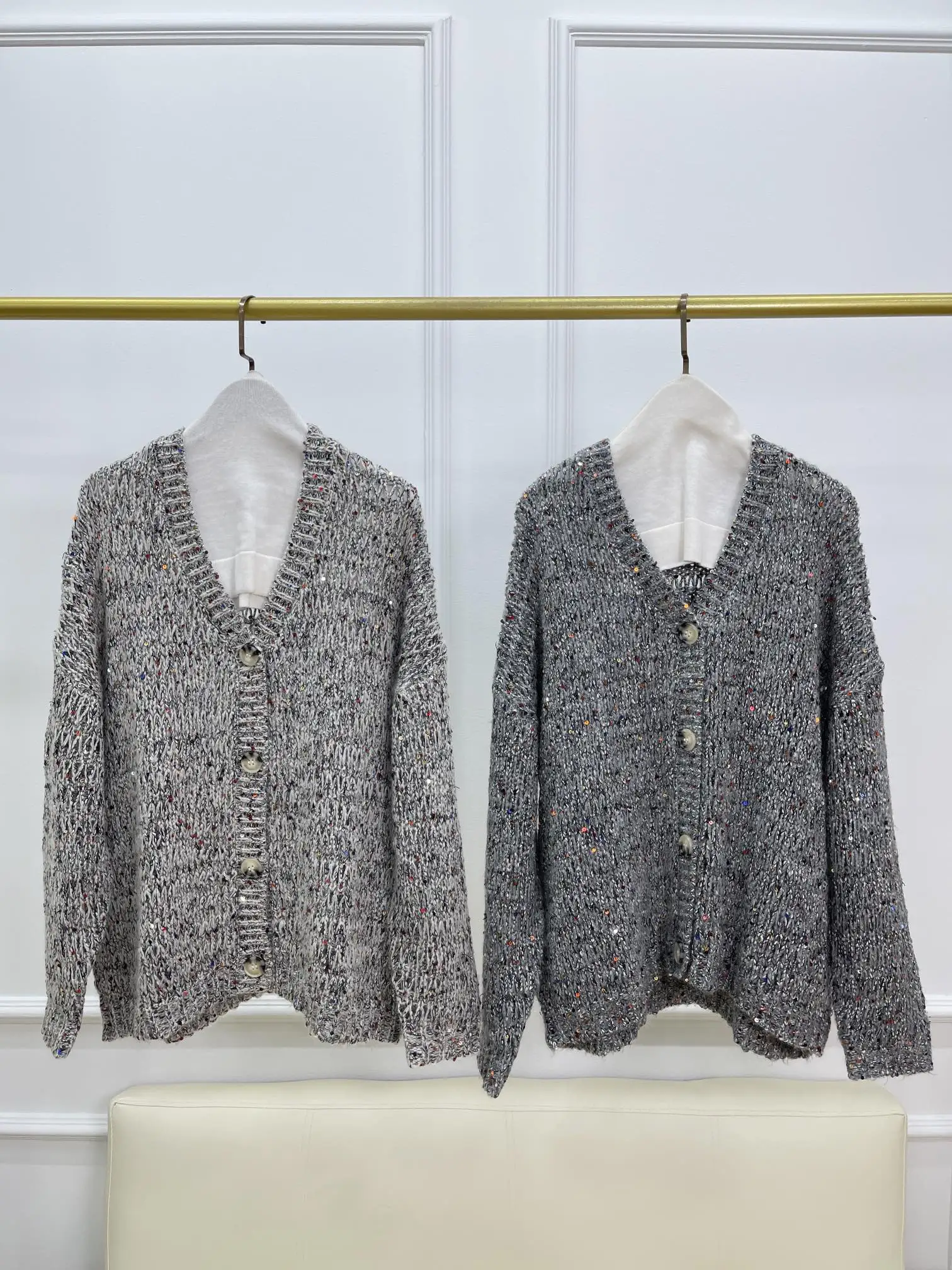 Autumn And Winter New High Quality Colorful Sequined Hollow Knitted Cardigan For Women