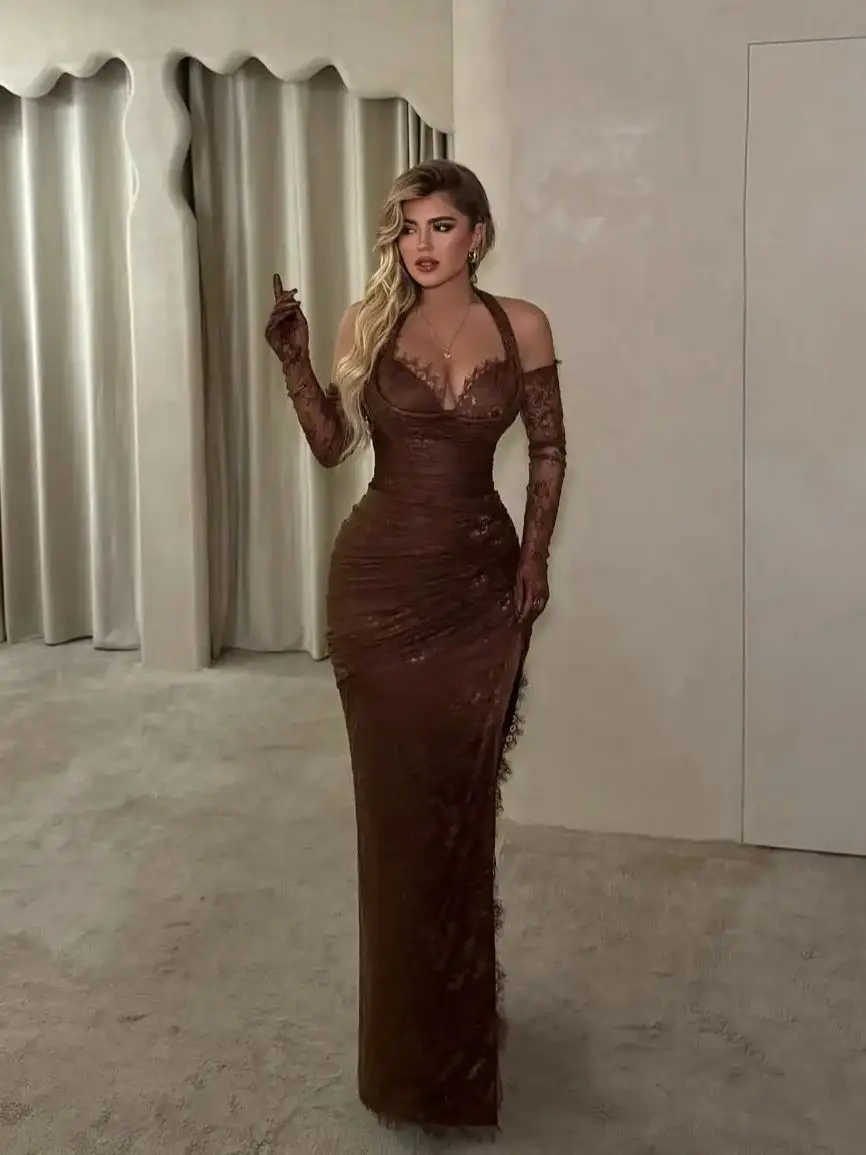 Ofherown Lace Appliques Mermaid Evening Dresses Halter Sweetheart Neck High Slit Prom Gowns for Special Occasion Customized