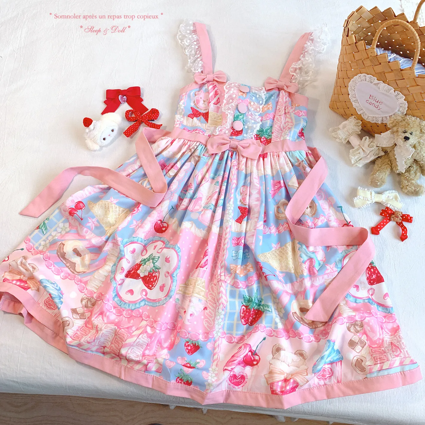 

Sweet Lolita JSK Suspender Dress Lace Flutter Sleeve Blue Cute Strawberry Dessert Print Bow Kawaii Tea Party Outfit
