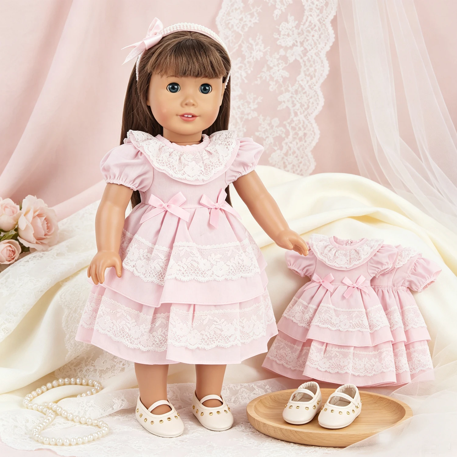 Pink Lace Doll Dress with Bow Decor + Rivet Shoes Fashion Doll Outfit Suit For18 Inch American & OG Girl Dolls Accessories Gift