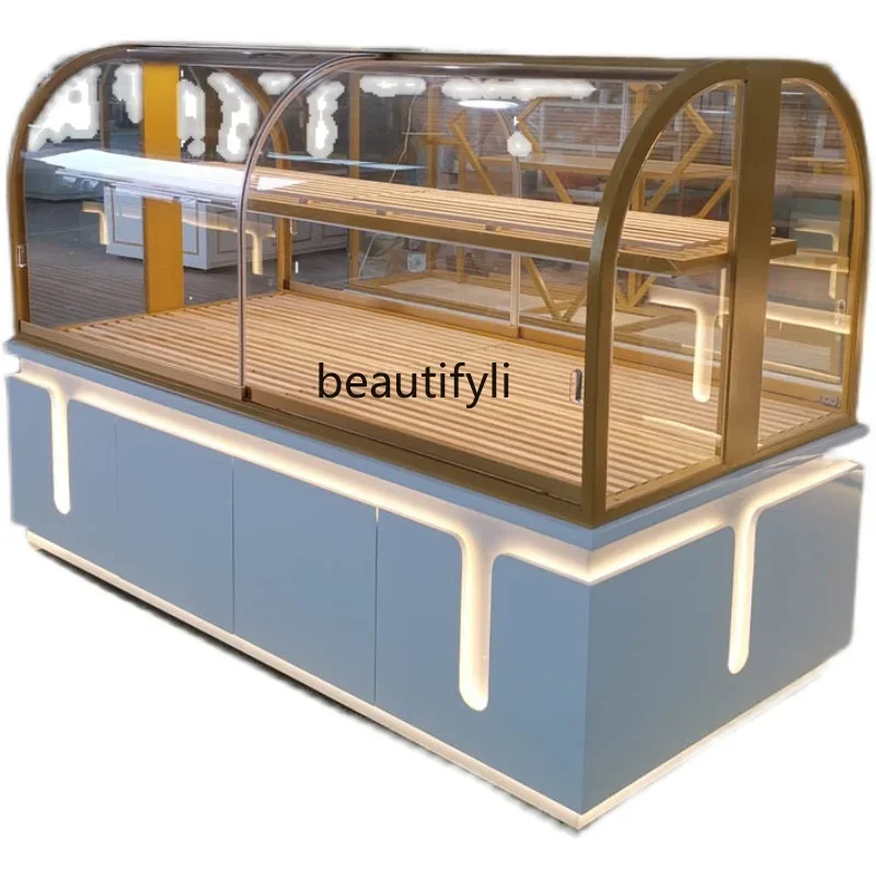 Bread middle island cabinet titanium-plated stainless steel arc middle island cake model cabinet glass