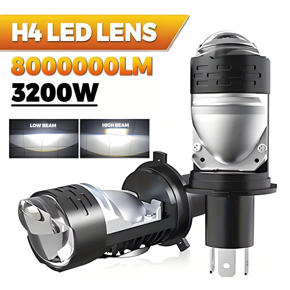 H4 Bi LED Projector Lens LED Car Headlight Bulbs 8000000LM 3200W Turbo Bulb H4 STG PTF Dual High Low Beam Lights Plug&Play 12V