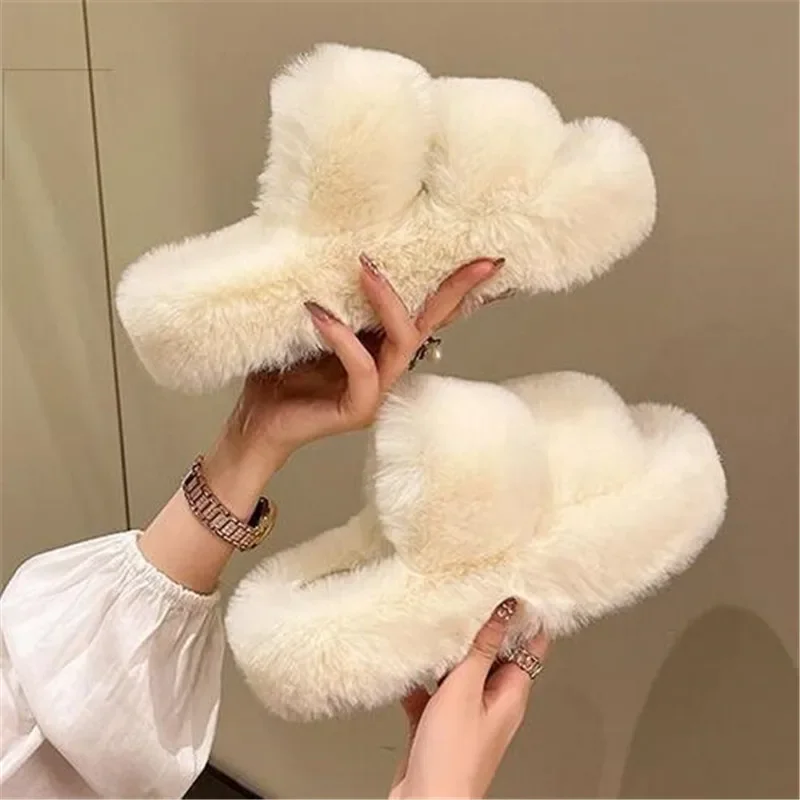 Winter Open Toe Slipper Fashion Fur Thick Sole Flats Heel Ladies Casual Slip on Bedroom Shoes Soft Outdoor Slides Shoes