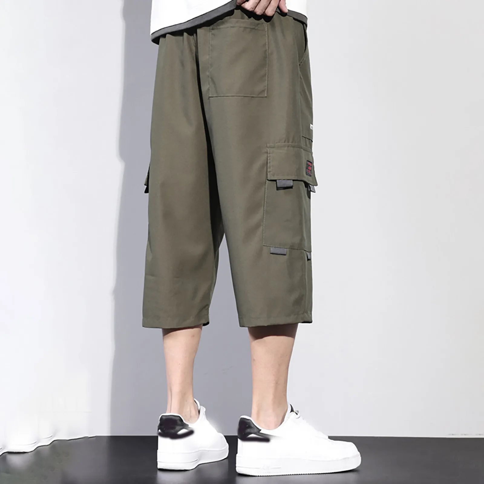 Multi Pocket Drawstring Straight Cargo Pants Men Solid Color Letter Printed Three Quarter Shorts Loose Casual Outdoor Shorts