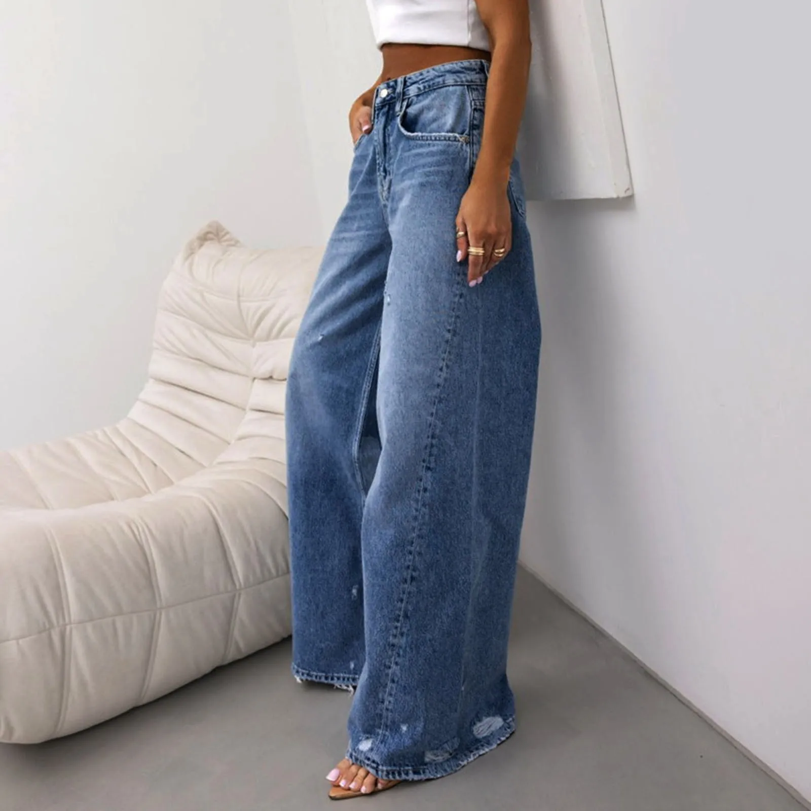 

2024 Loose Women's Wide Leg Jeans Commute Minimalist Solid Color Tassel Denim Pants Slim-Fitting Casual Drop Shipping Trousers