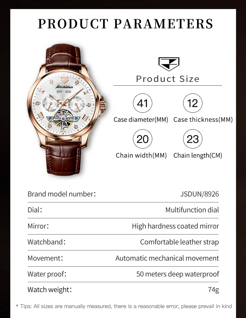 JSDUN 8926 Hollow Flywheel Automatic Wristwatch Week Date Display 50M Waterproof Watch For Men Top Brand Mechanical Man Watches