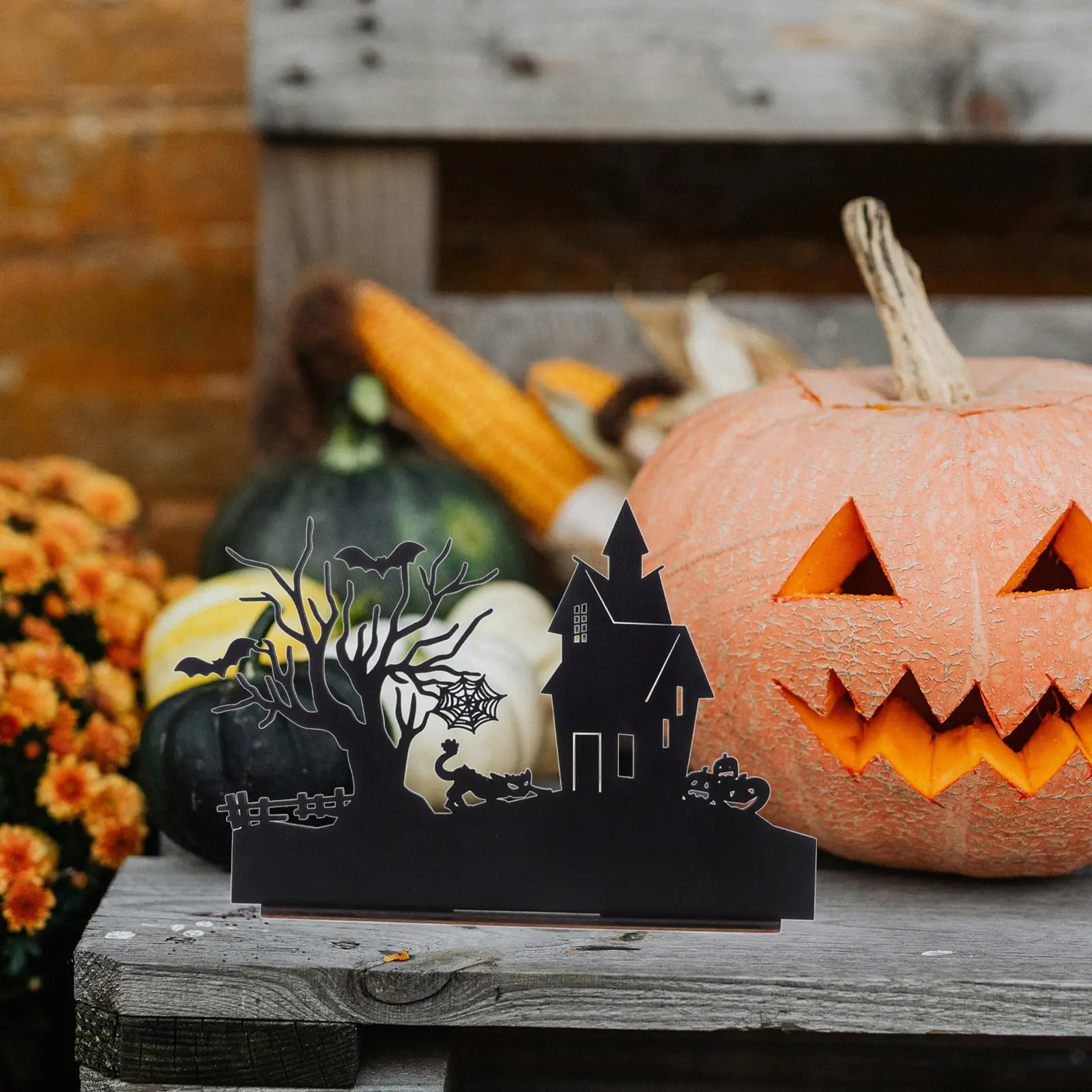 Wooden Halloween Table Sign Spooky Animated Castle Projection Table Centerpiece Halloween Decor Ghost Centerpiece for Tables